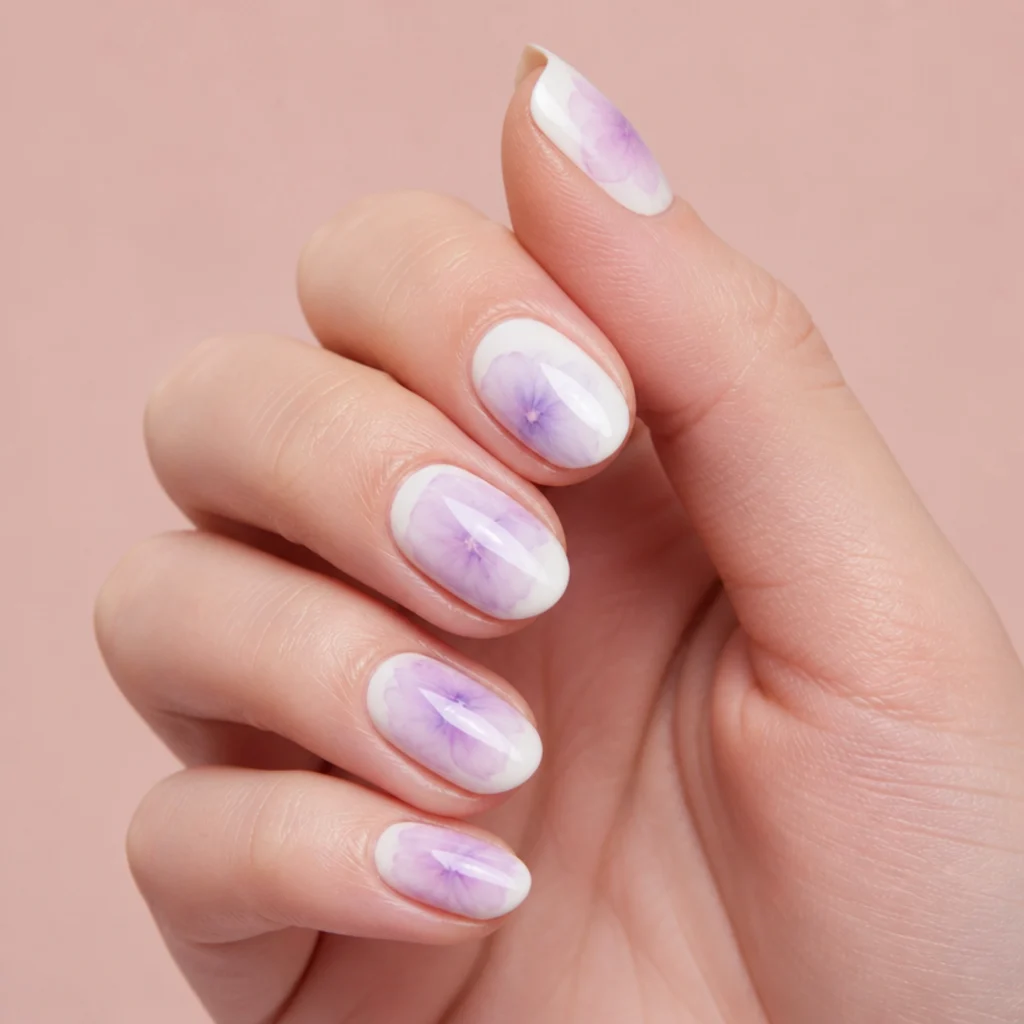 Short almond nails with a soft white base and pale lavender blooming gel watercolor petals layered translucently on a fair hand