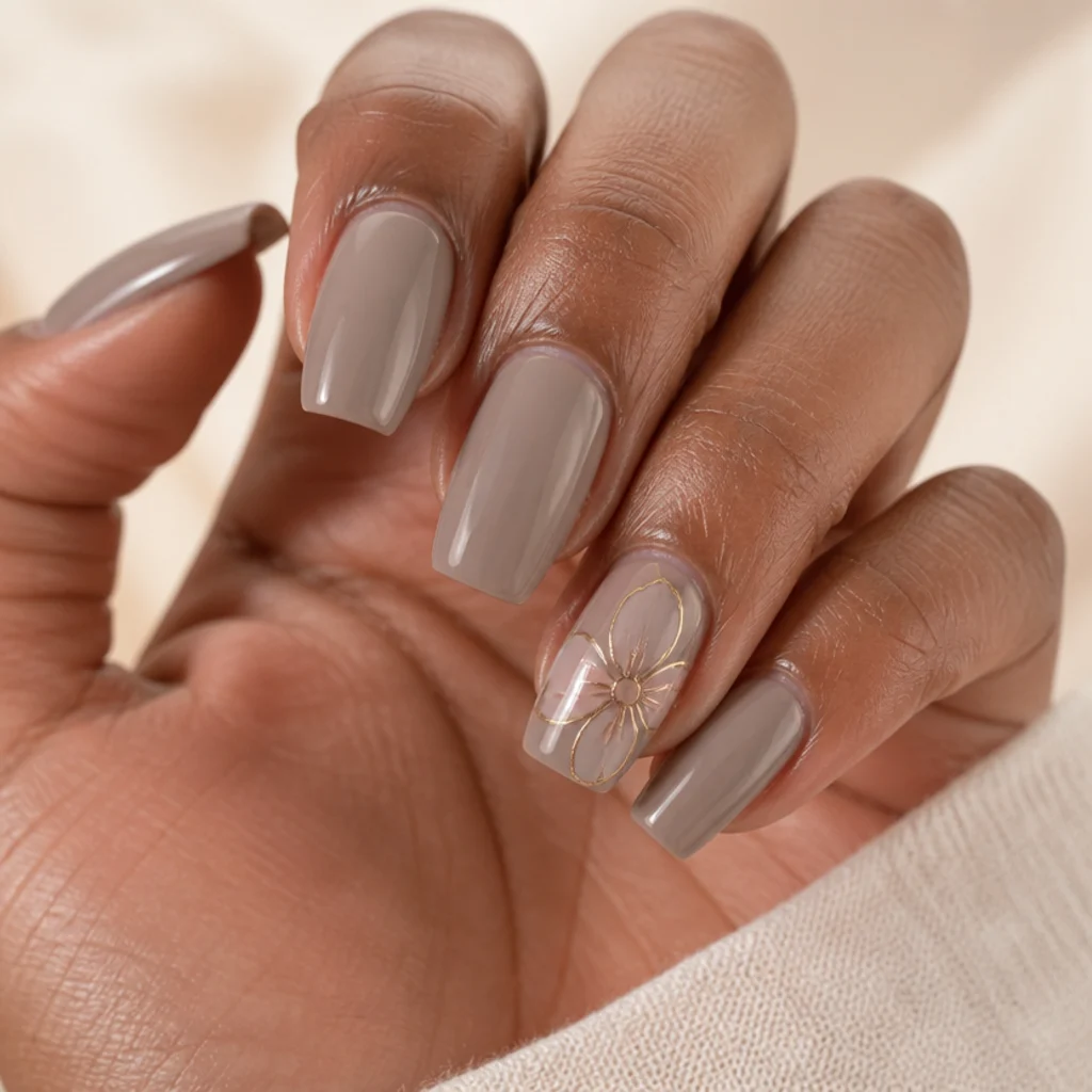 Short coffin nails with a taupe base, one blooming gel floral accent nail, and hair-thin gold foil lines tracing a few petal edges on a medium brown hand