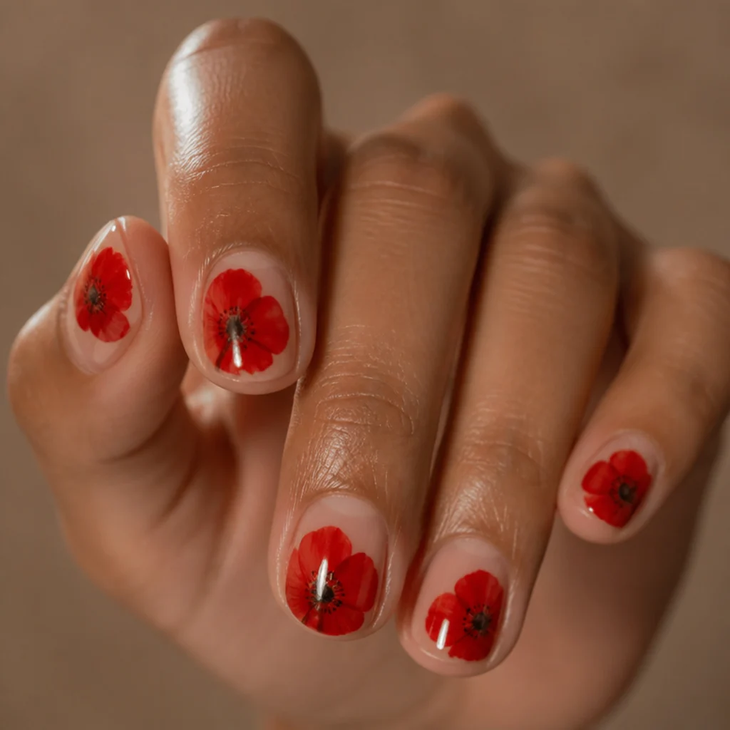 Short round nails with a sheer base and bold cherry-red blooming gel poppy blooms with dark feathered centers on a tan hand