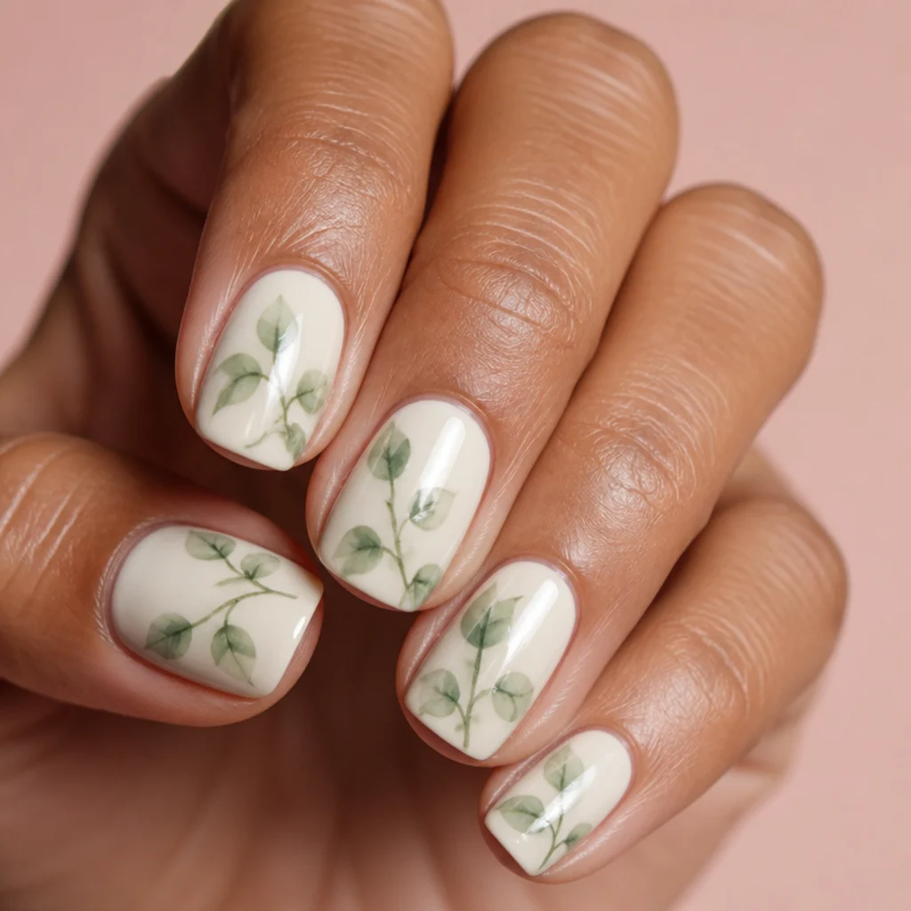 Short squoval nails with a cream base and trailing sage-green blooming gel leaves and thin vines running diagonally corner to corner on a light brown hand