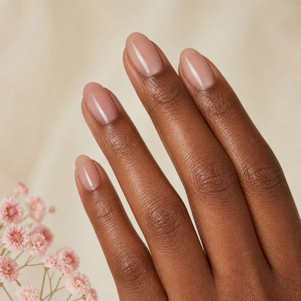 Short almond nails with bare negative space and a few small dusty-pink blooming gel blooms placed off-center on a deep skin tone