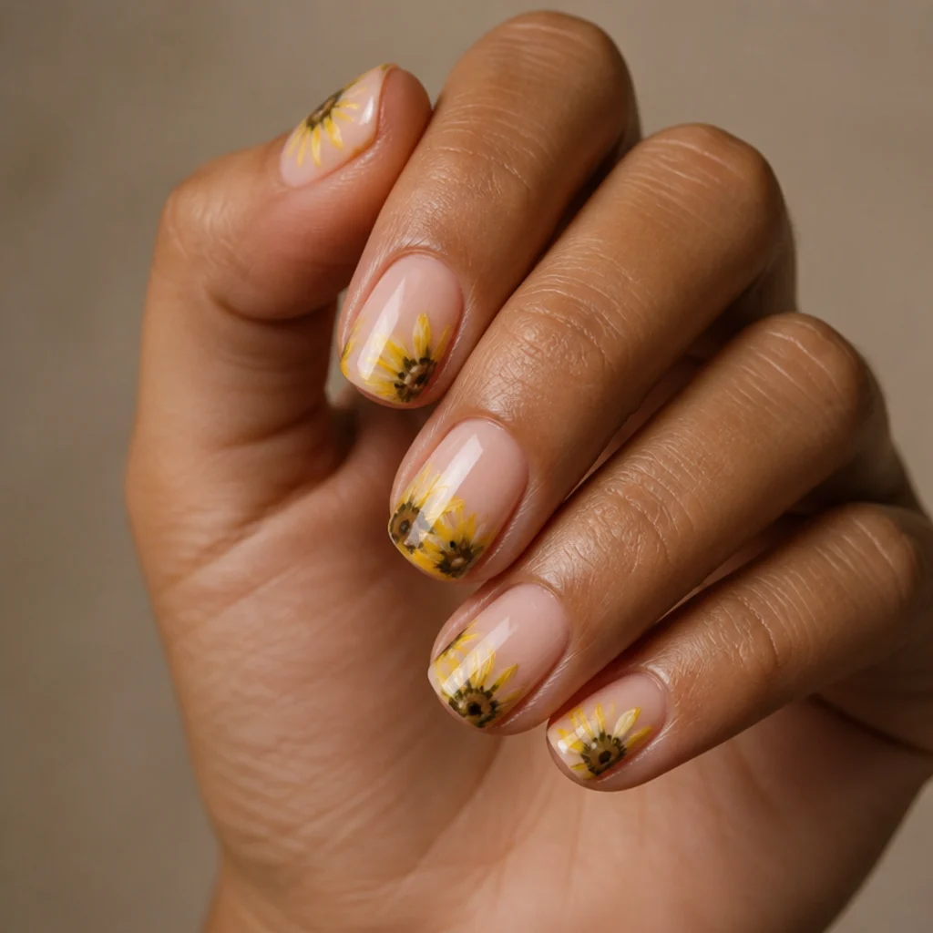 Short round nails with a sheer base and cheerful golden-yellow and cocoa-brown blooming gel sunflowers concentrated near the tips on a tan hand