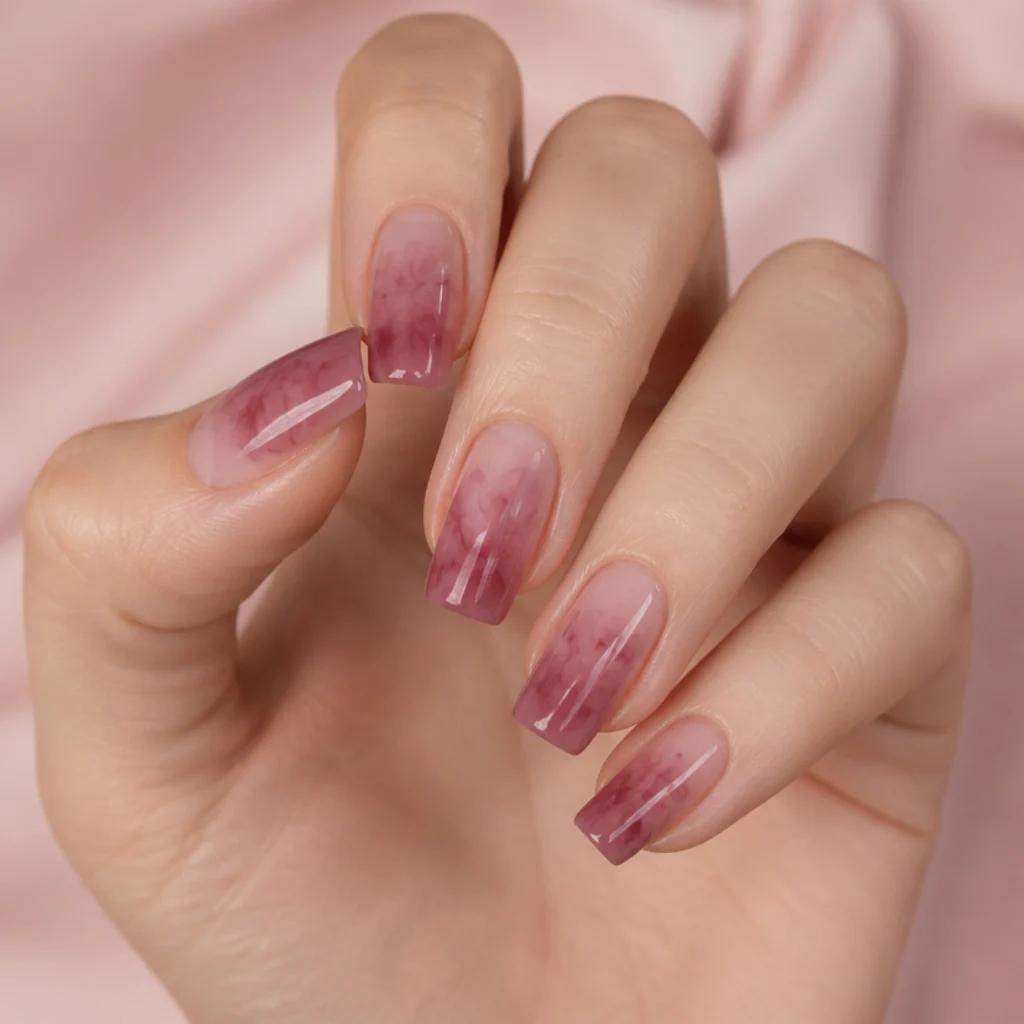 Short coffin nails with a dusty-rose ombre base and tonal blooming gel blooms dissolving into the gradient from cuticle to tip on a fair hand