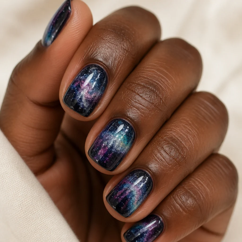 Short squoval nails with a deep navy base and swirling violet, teal and silver blooming gel galaxy clouds with fine white dotted stars on a deep skin tone