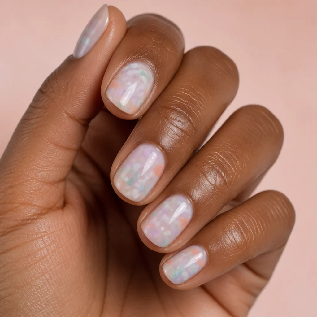 Short round nails with a milky base and scattered multicolor pastel blooming gel confetti blooms in mint, peach, lilac and baby blue on a medium brown hand