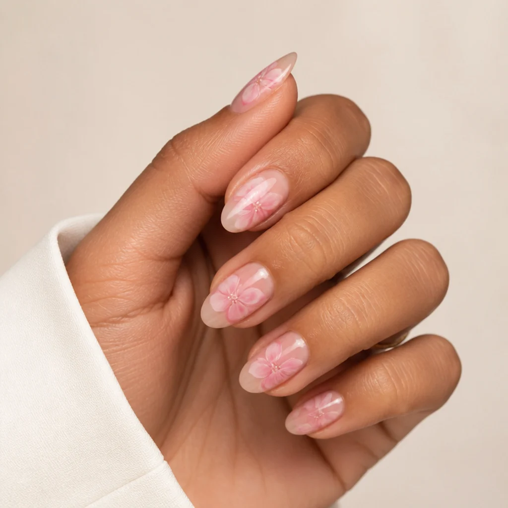 Close editorial macro of short almond nails with soft blush blooming gel florals on a light brown hand