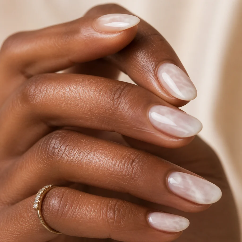 Almond nails with sheer white blooming gel diffused into a soft cloudy wash over a nude base, warm ivory background