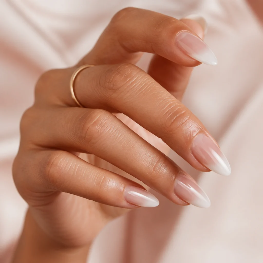 Long almond nails with a soft-edged white blooming gel french tip melting into a clear base, muted blush backdrop