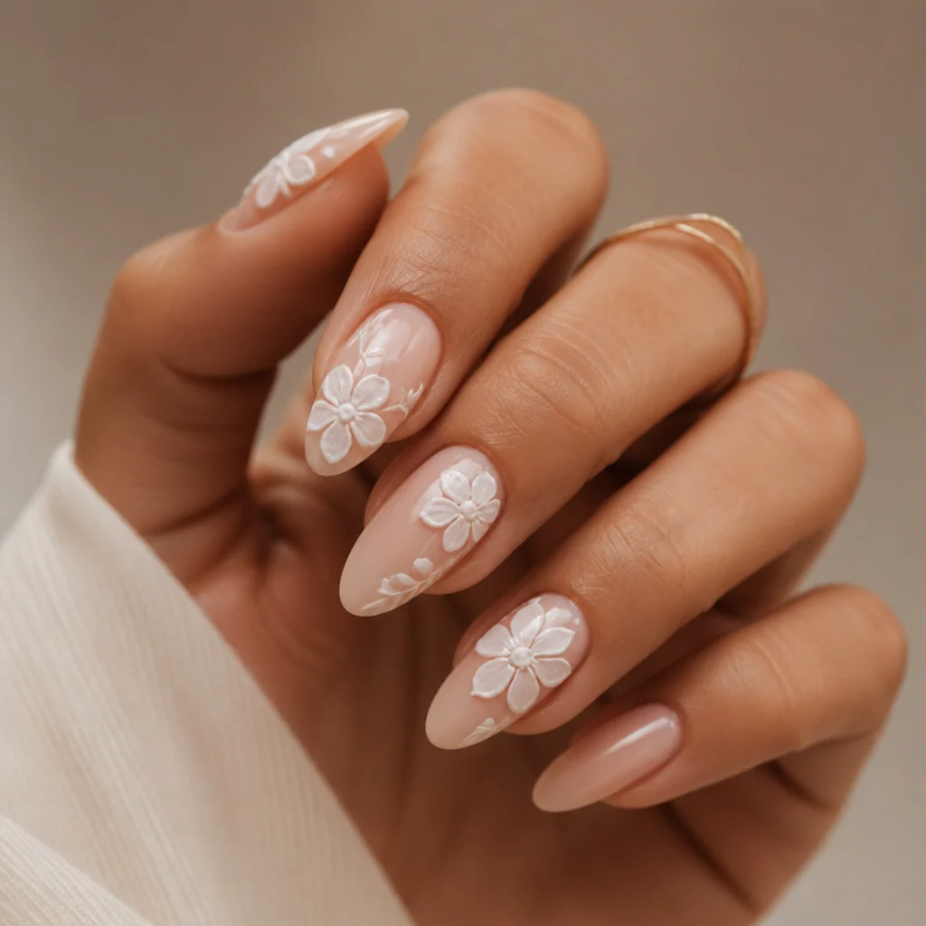 Accent nail featuring sculpted white 3D blooming gel florals with diffused petal edges on a nude almond nail, taupe background