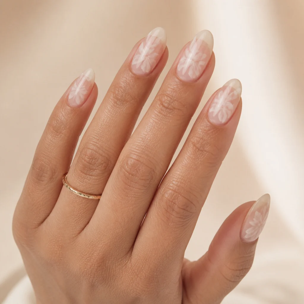 Close editorial macro of a hand with soft white blooming gel florals blurred into a sheer nude gel base on almond nails