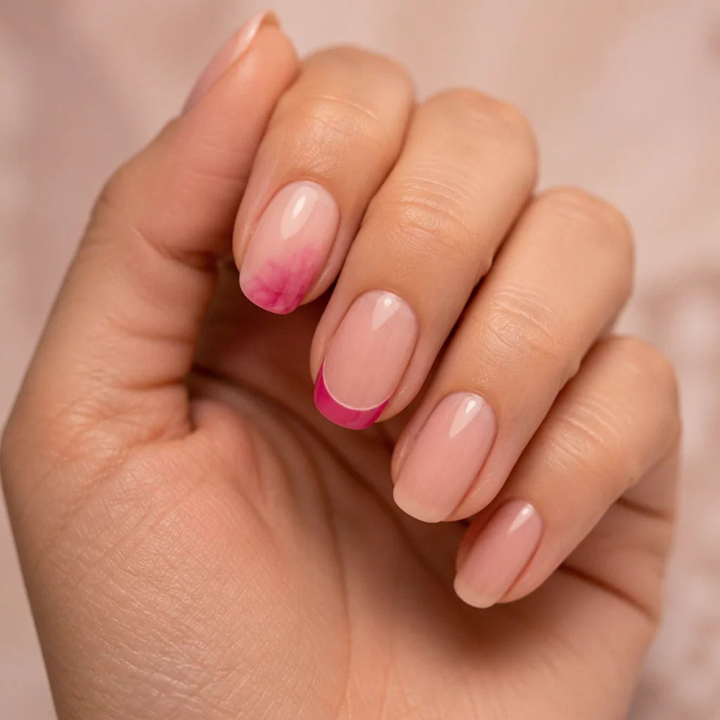 Close macro of two nails side by side, one soft diffused blooming gel haze and one sharp painted regular gel line on muted blush background