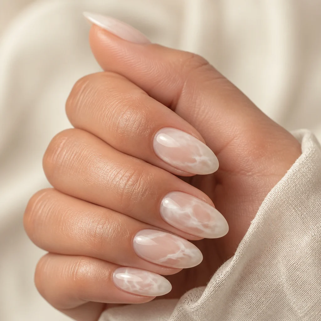 Almond nails in sheer white blooming gel marble with misty veins over a nude base on ivory backdrop