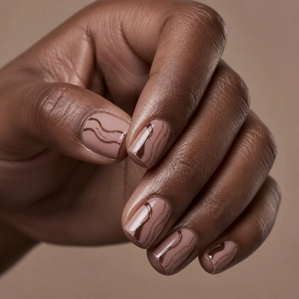 Short square nails with fine hairline regular gel line work and abstract swirls in dark pigment on taupe background