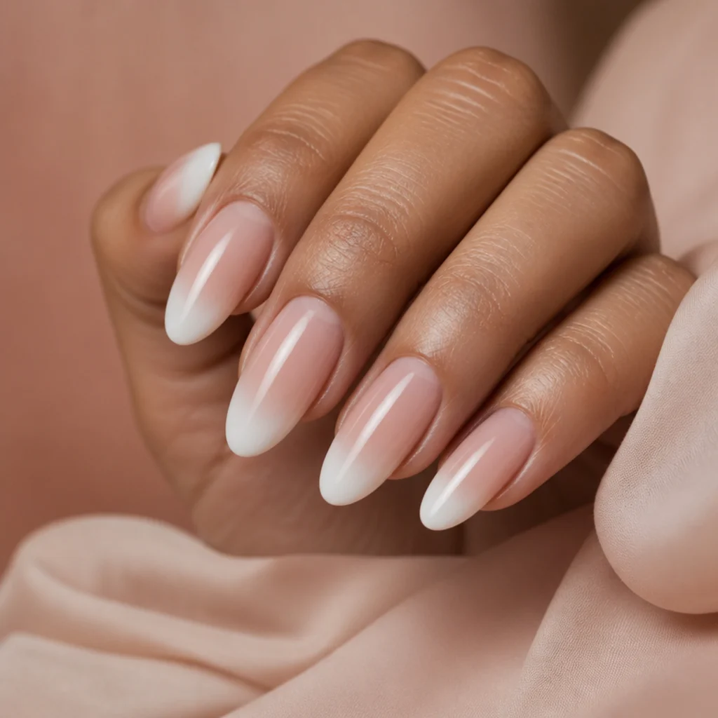 Long nails with a soft blurred white blooming gel french tip melting into the nail on muted blush background