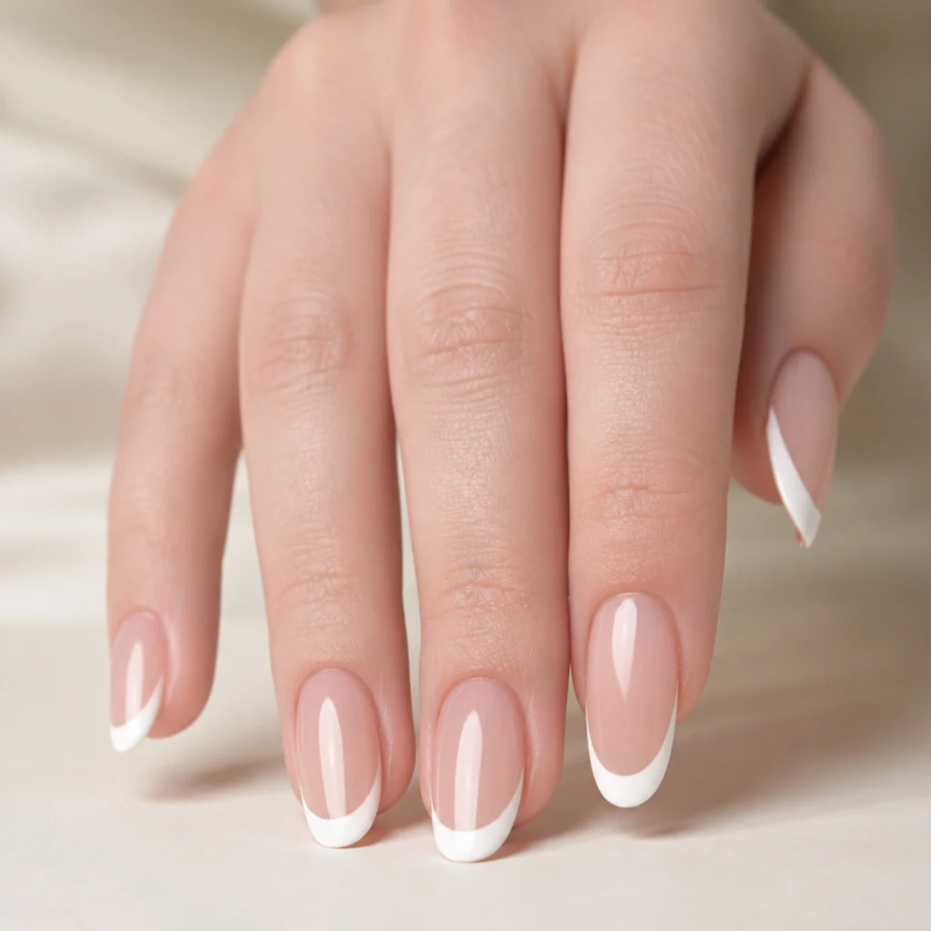 Long nails with a classic crisp opaque white regular gel french tip and defined smile line on ivory backdrop