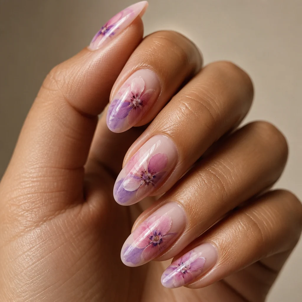 Almond nails with soft watercolor blooming gel florals in blush and lilac with feathered petal edges on taupe background