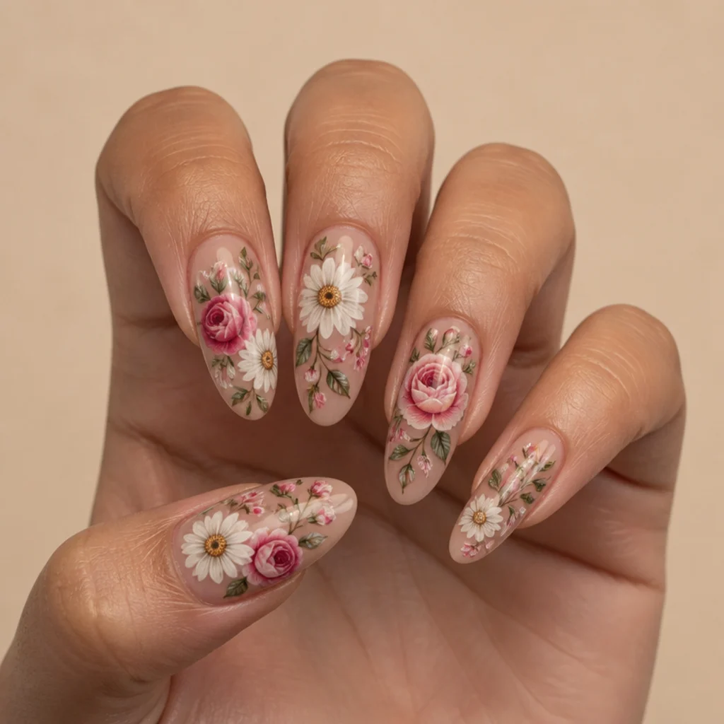 Long nails with detailed hand-painted regular gel roses showing defined petals and visible veins on ivory backdrop