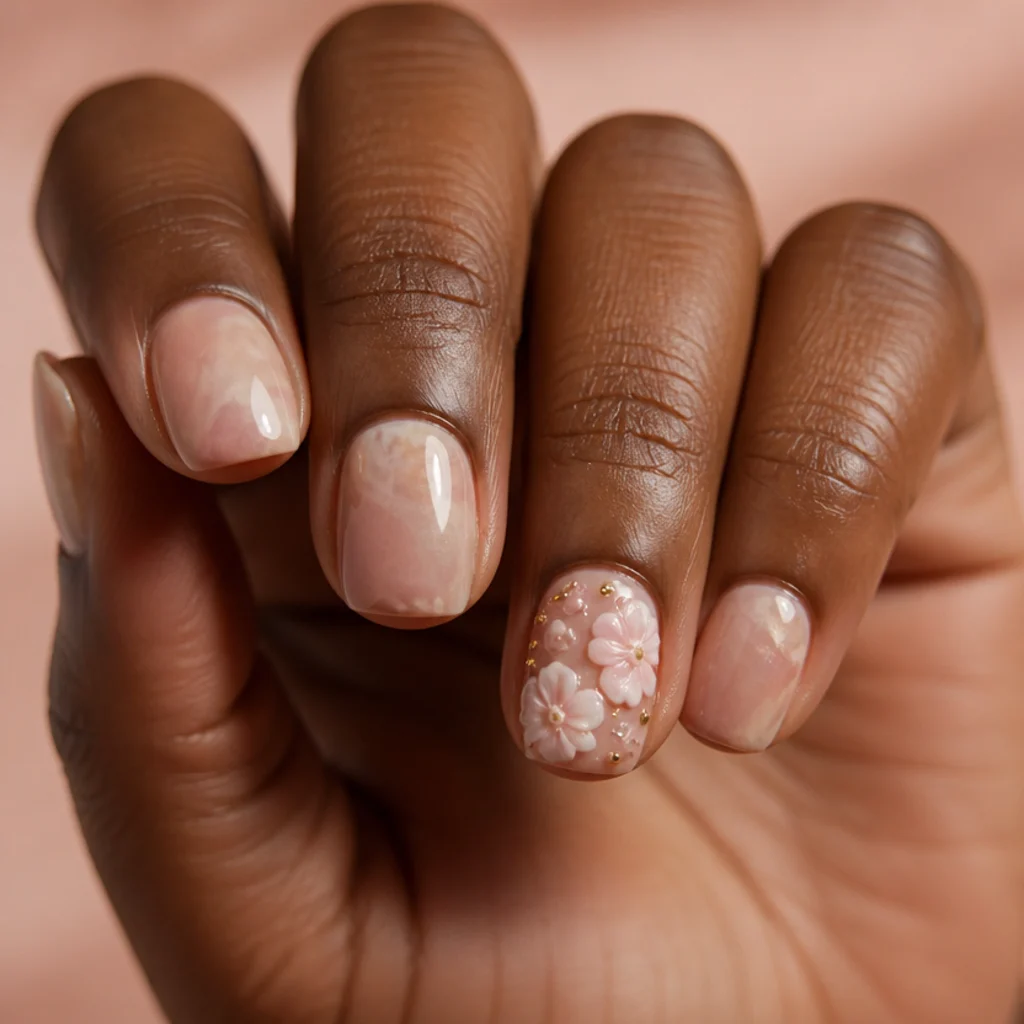 Short nails with a soft marbled blooming gel base under glossy raised 3D blossoms on one feature nail on blush background