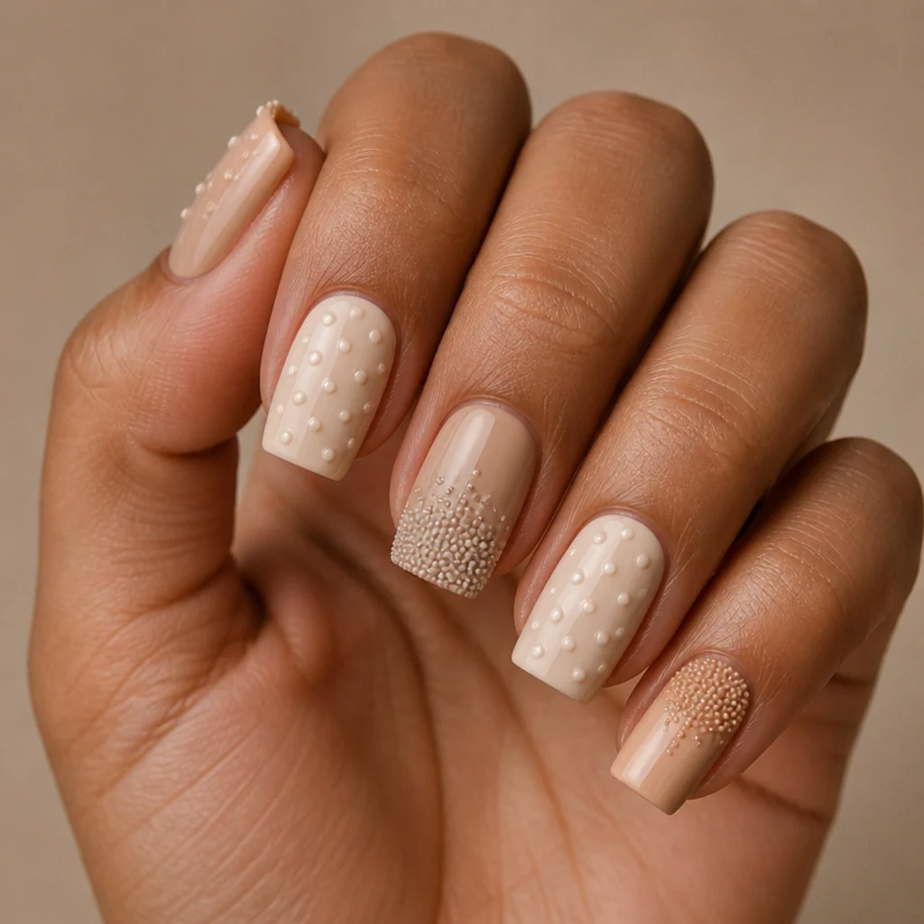 Square nails with precise raised regular gel caviar beads and embossed dot texture in neutral tones on taupe background