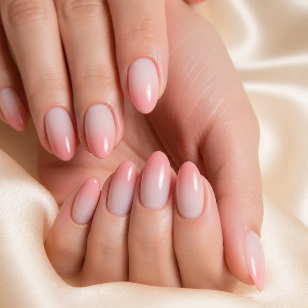 Almond nails with an easy smooth blooming gel ombre fading from sheer white to blush at the tips on ivory backdrop