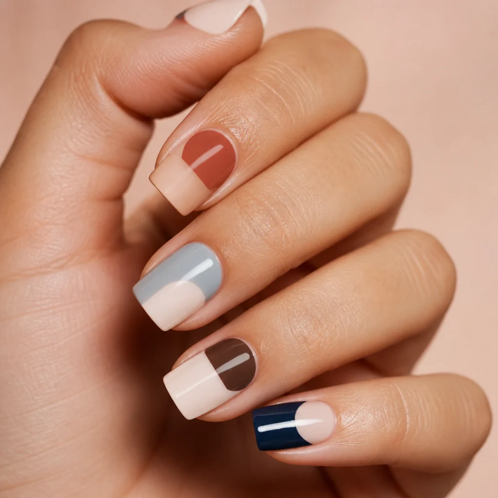 Square nails with crisp regular gel color blocking in clean geometric panels and half-moons on muted blush background