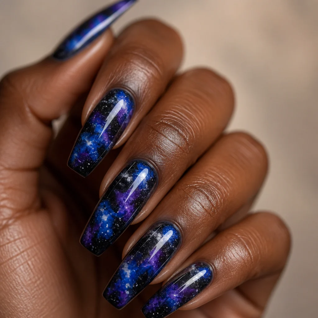 Long nails with a deep blooming gel galaxy effect in blues and purples with scattered white nebula bloom on dark taupe background