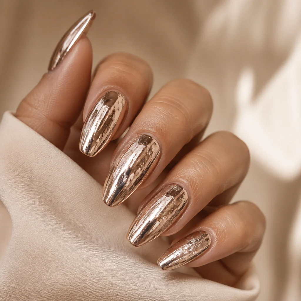 Long nails with high-shine mirror chrome and foil regular gel finish reflecting light on ivory backdrop