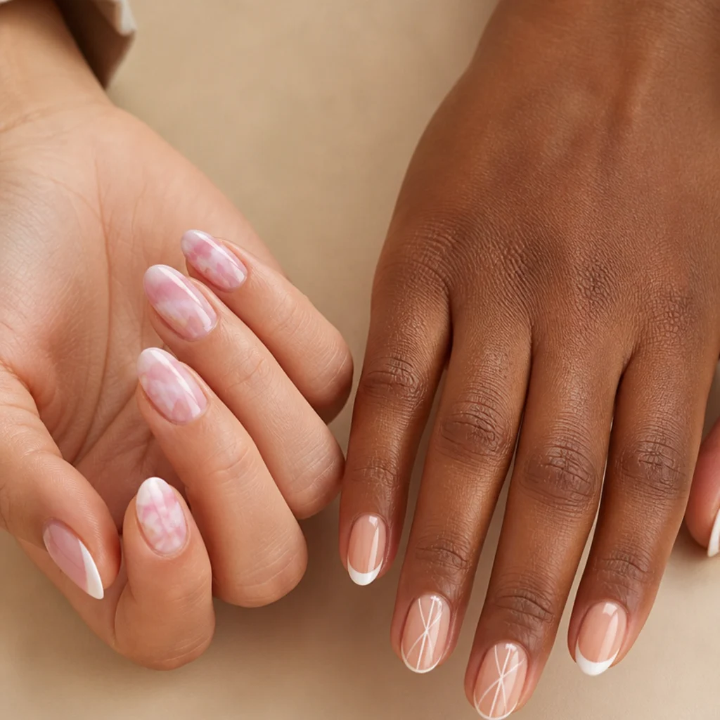 Two hands side by side comparing an easy soft blooming gel set against a detailed precise regular gel art set on taupe background