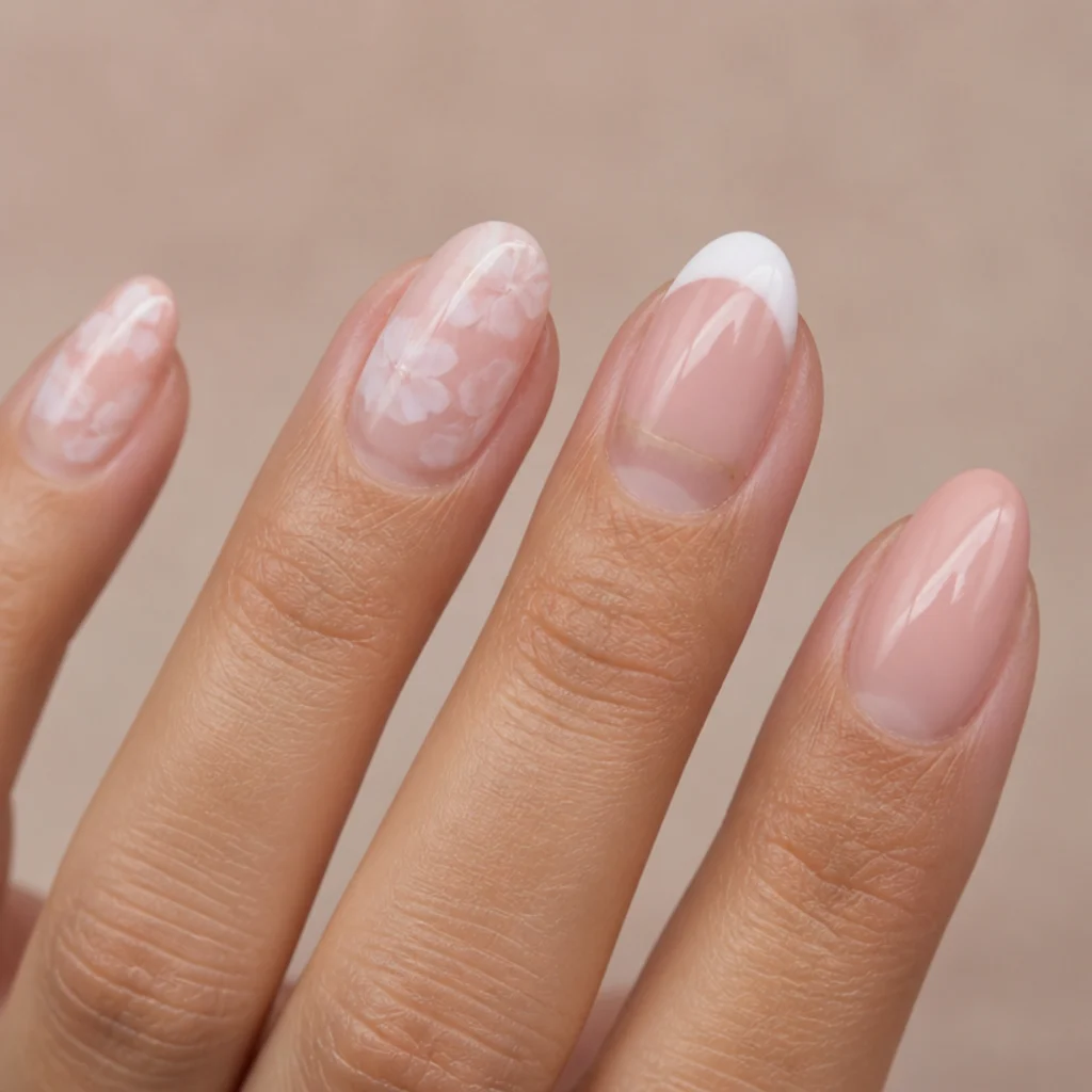 Grown-out almond nails showing how diffuse blooming gel hides regrowth beside a crisp french tip with visible new nail on blush background