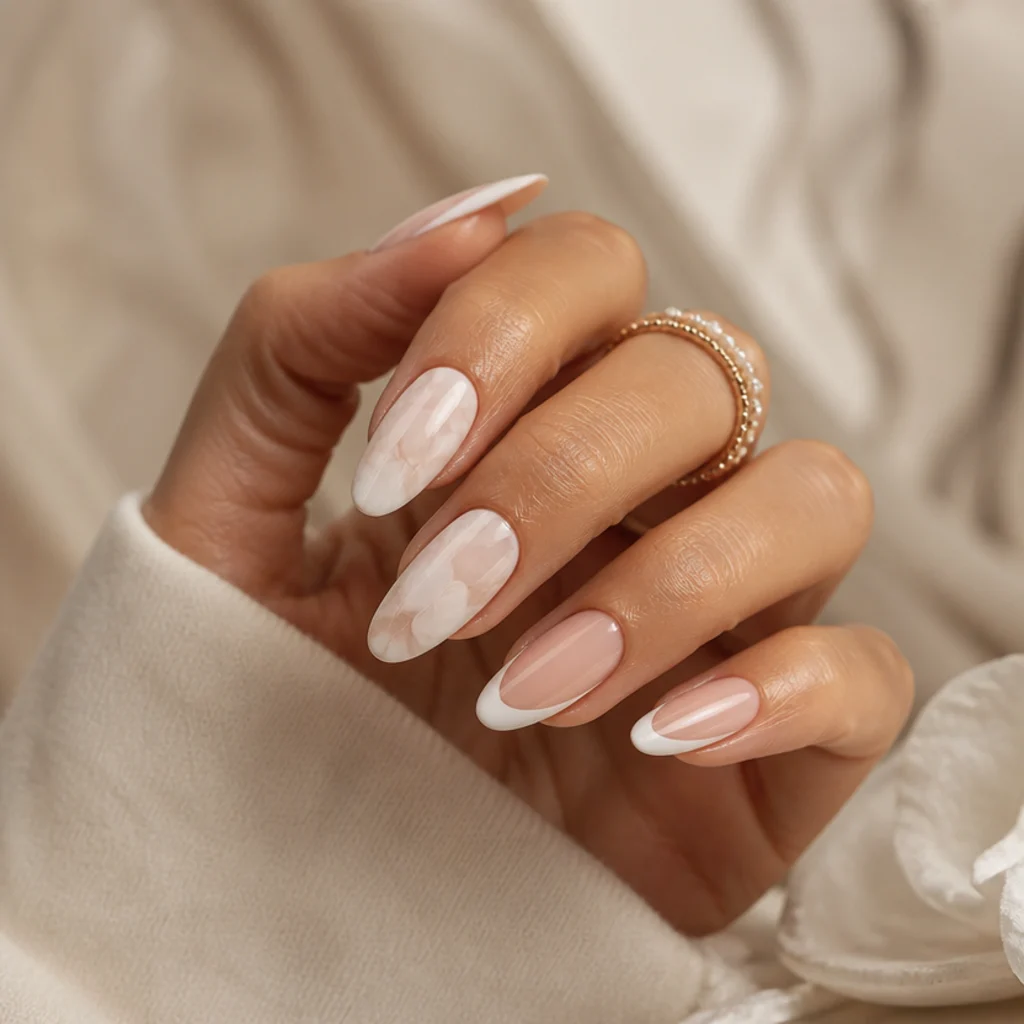 Manicured hand with soft white blooming gel marble nails beside a crisp painted regular gel accent nail on ivory backdrop