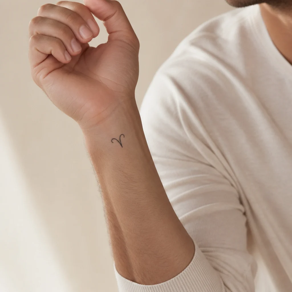 Fine black Aries glyph tattoo on a man's inner forearm, a single clean healed line