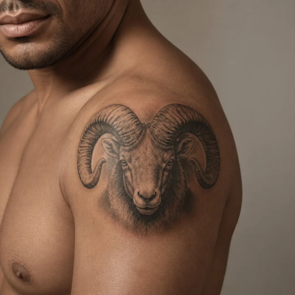 Detailed black-and-gray ram head tattoo on a man's shoulder with textured curled horns and soft shading