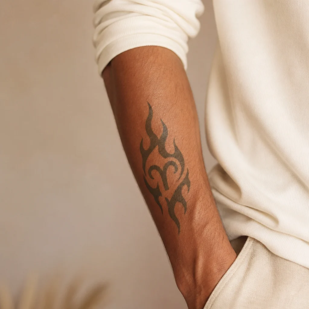 Aries glyph tattoo wrapped in stylized black flames on a man's forearm with bold negative space