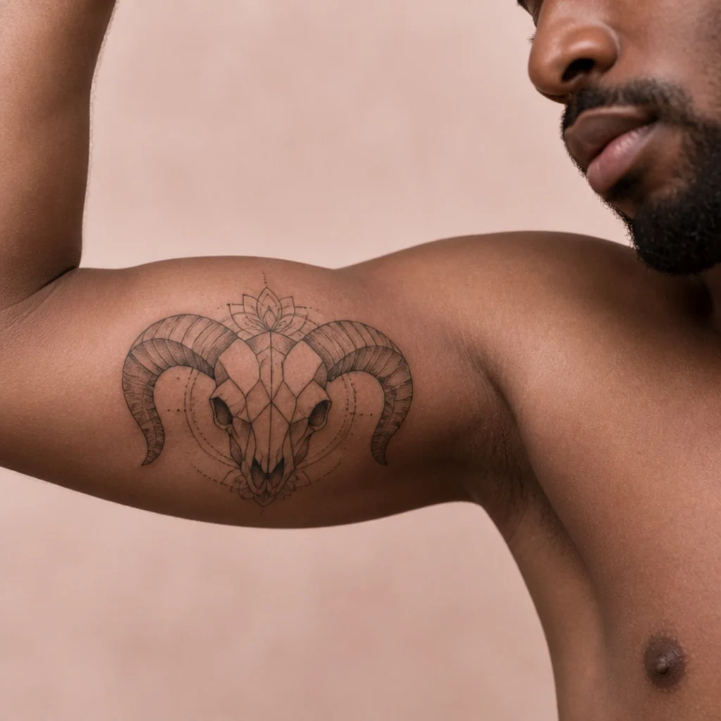 Geometric ram skull tattoo on a man's inner bicep with sharp angular linework and mandala accents