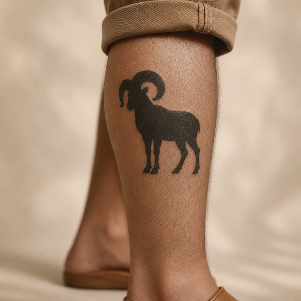 Solid black ram silhouette tattoo on a man's calf in a standing pose with a bold clean outline