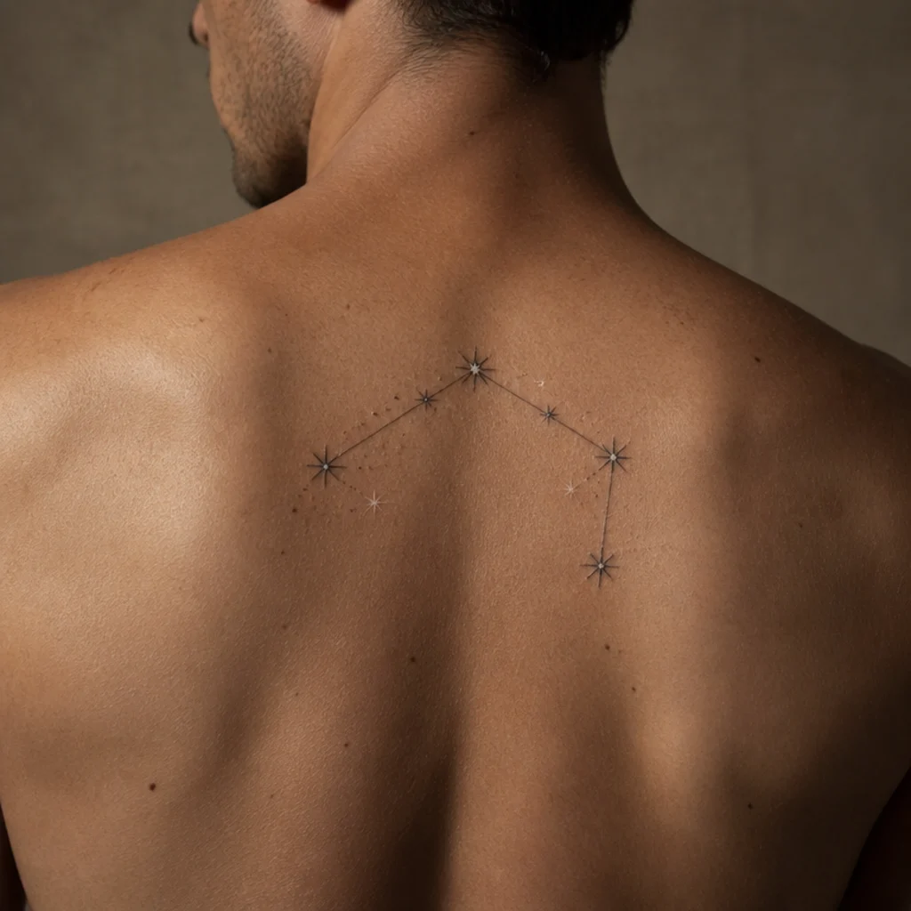 Aries constellation tattoo across a man's upper back with fine white and black star points and thin connecting lines