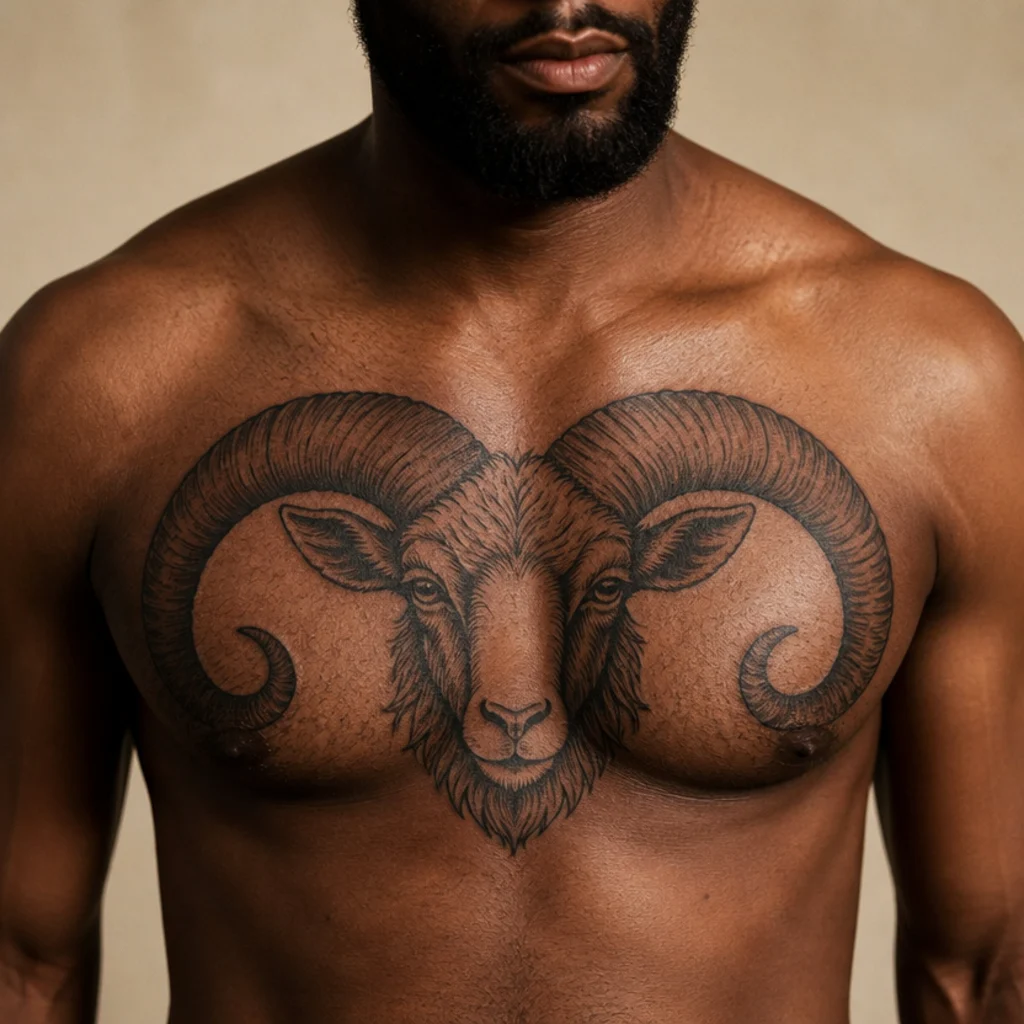 Symmetrical blackwork ram tattoo centered on a man's chest with bold horns spanning both pectorals