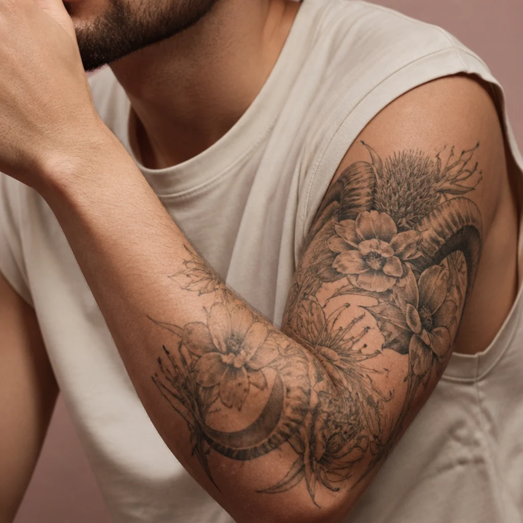 Aries ram horns tattoo intertwined with bold blooming flowers on a man's forearm in black-and-gray with soft petals
