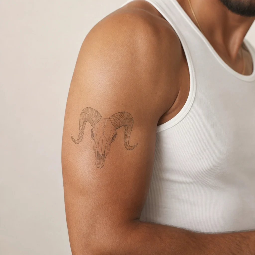 Delicate fine-line ram skull tattoo on a man's bicep with thin elegant strokes and minimal shading