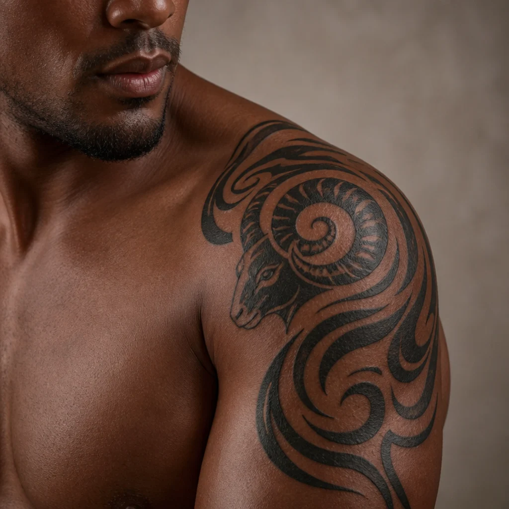 Bold tribal-style Aries ram tattoo capping a man's shoulder with thick black curves flowing onto the upper arm