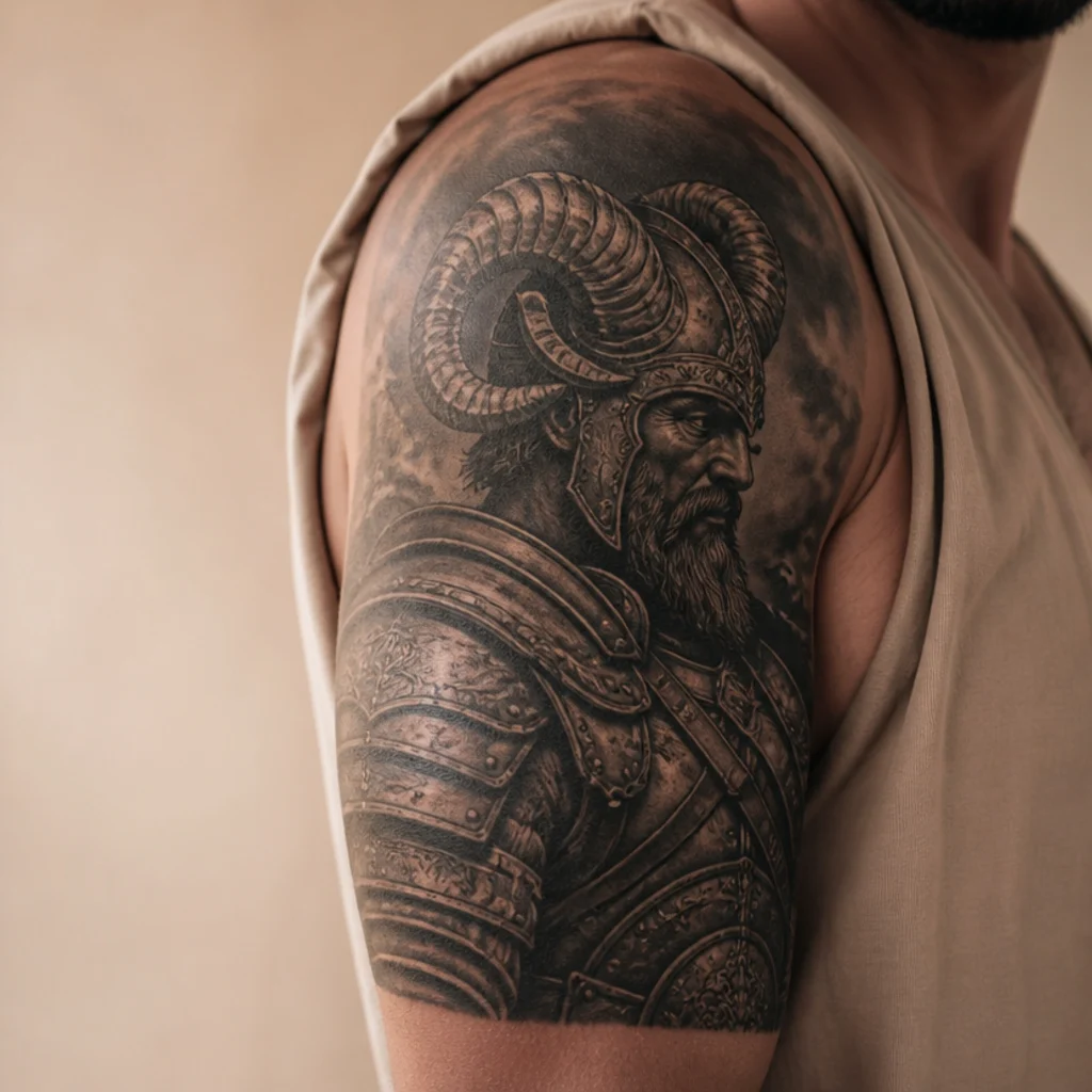 Aries goddess warrior tattoo on a man's outer arm, an armored figure with a ram-horn helmet in black-and-gray realism