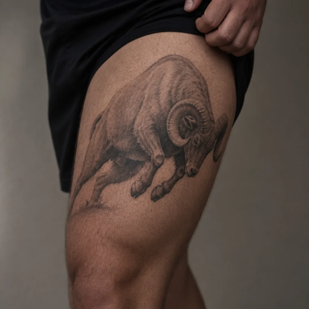 Realistic ram tattoo mid-charge on a man's thigh with muscles and horns rendered in detailed black-and-gray