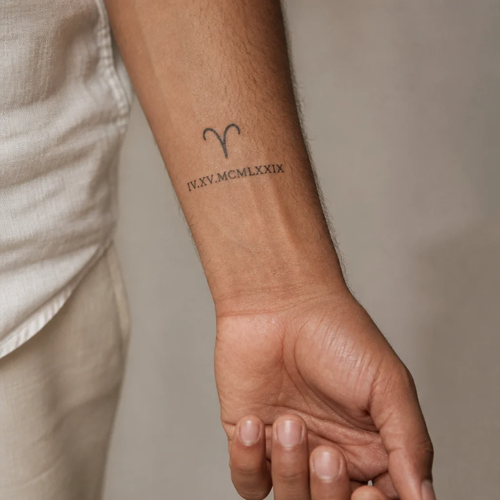 Aries glyph tattoo paired with a Roman numeral birthdate on a man's inner forearm in clean black linework