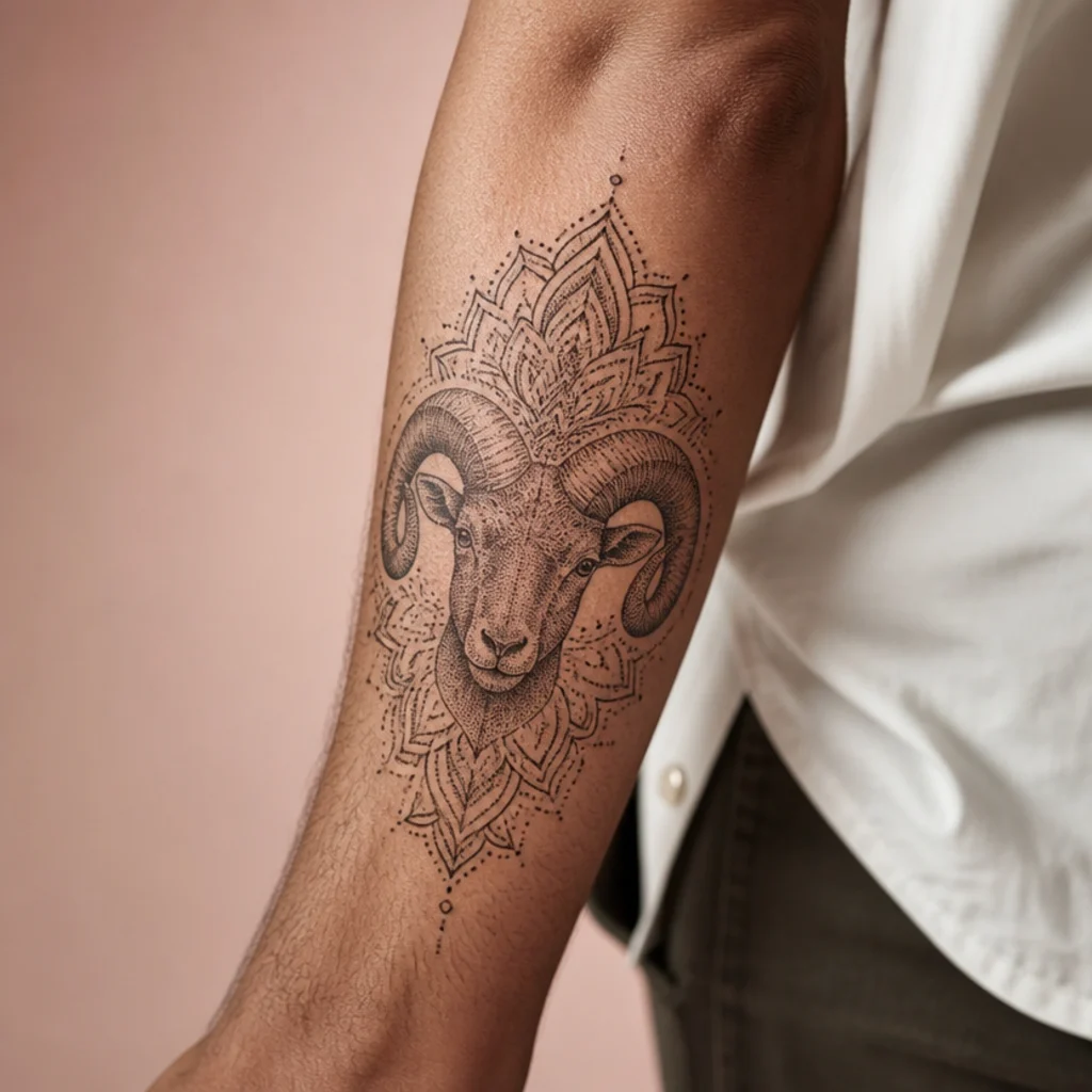 Ram head tattoo built from stippled dotwork inside a mandala frame on a man's forearm with intricate black points