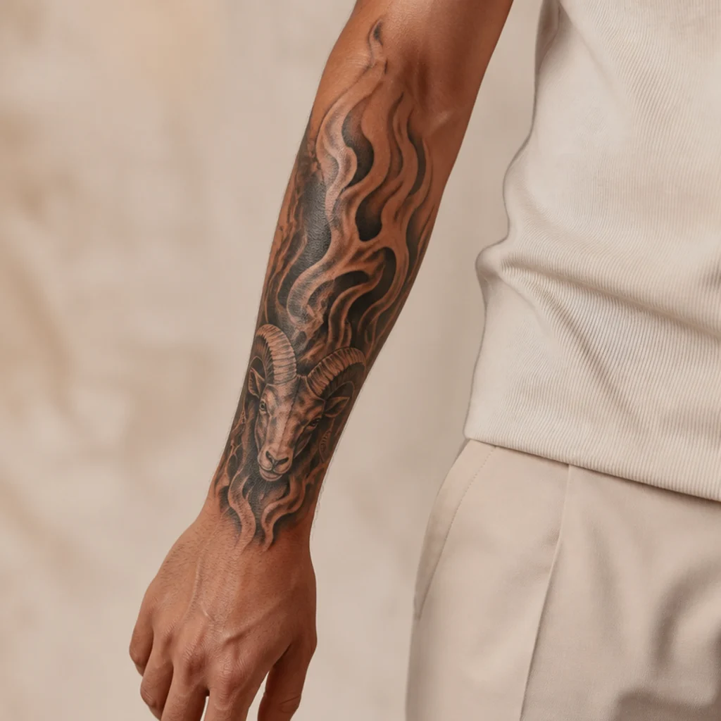 Half-sleeve tattoo of stylized flames and an Aries ram on a man's arm, bold black-and-gray fire flowing from wrist to elbow