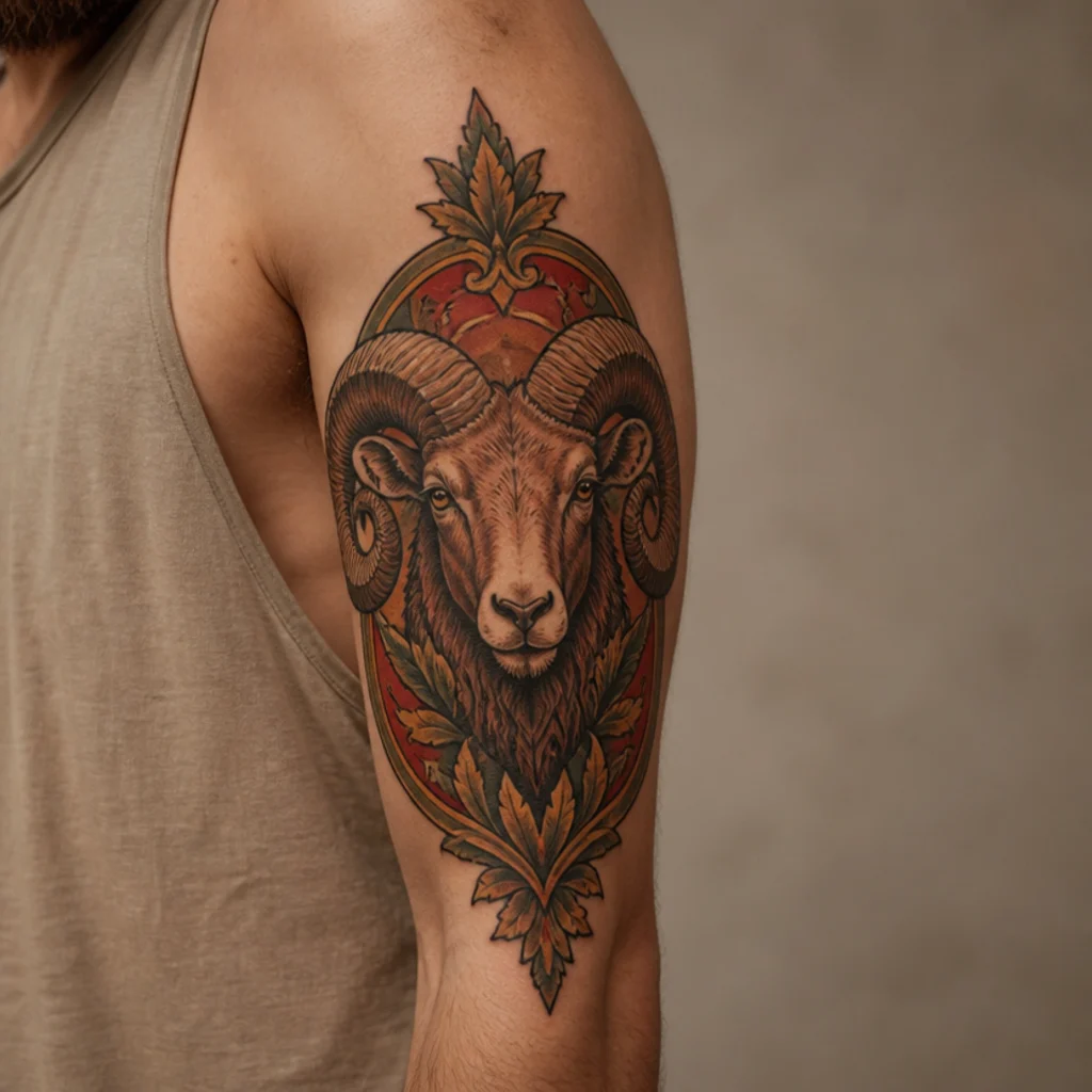 Neo-traditional ram tattoo on a man's outer arm with bold outlines, rich amber and deep red color, and decorative framing