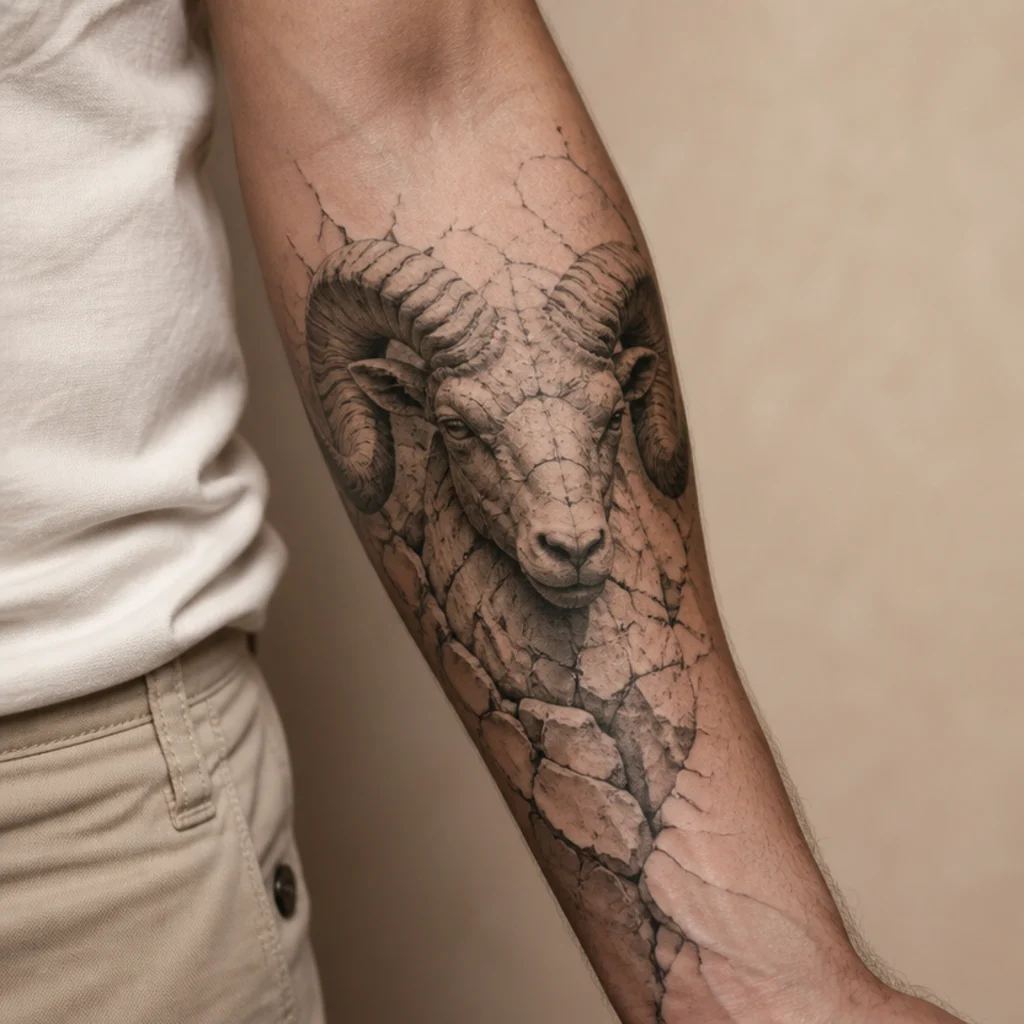 Ram head tattoo styled as a cracked stone statue on a man's forearm in black-and-gray with carved texture and fractures