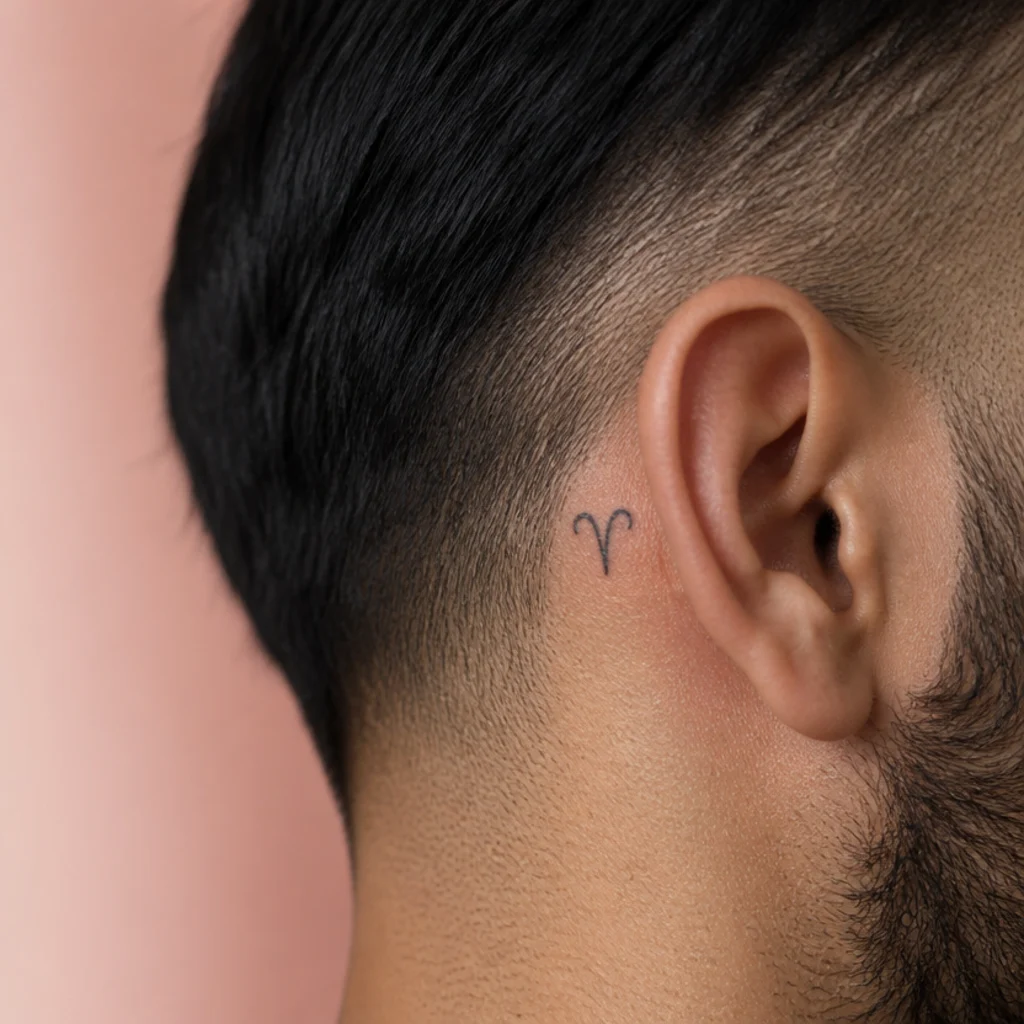 Small Aries glyph tattoo behind a man's ear in fine black strokes near the hairline