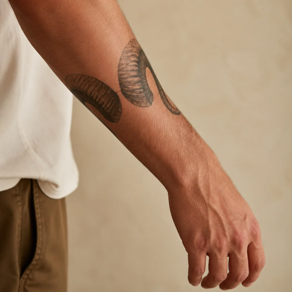 Bold ram horns tattoo curling around a man's forearm like a band in black-and-gray with textured ridges