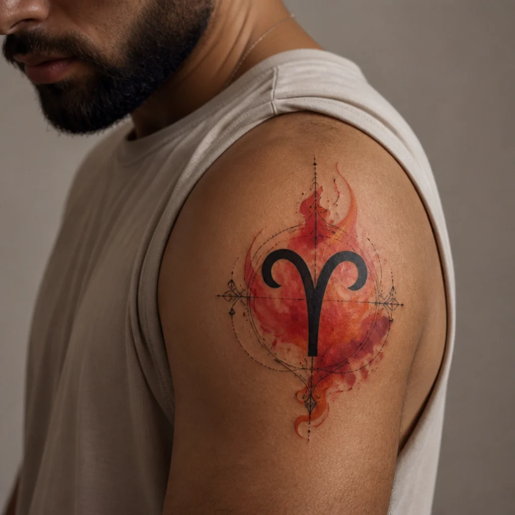 Watercolor-style Aries tattoo on a man's shoulder with a ram glyph over soft red and orange color washes resembling flame